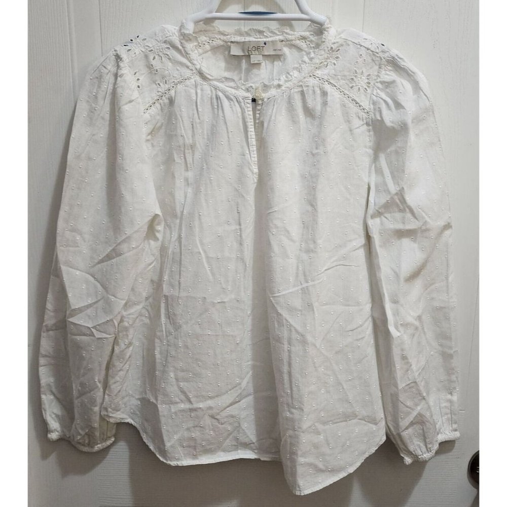 Ann Taylor Loft Womens Long Sleeve Eyelet Dotted Split Neck Blouse White Size MP
